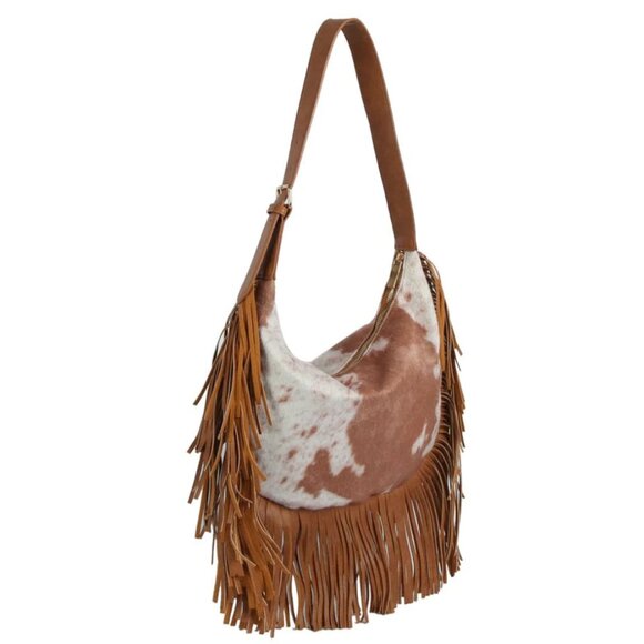 NWT Brown Faux Suede Cow Print Fringe Hobo Bag - Picture 1 of 4